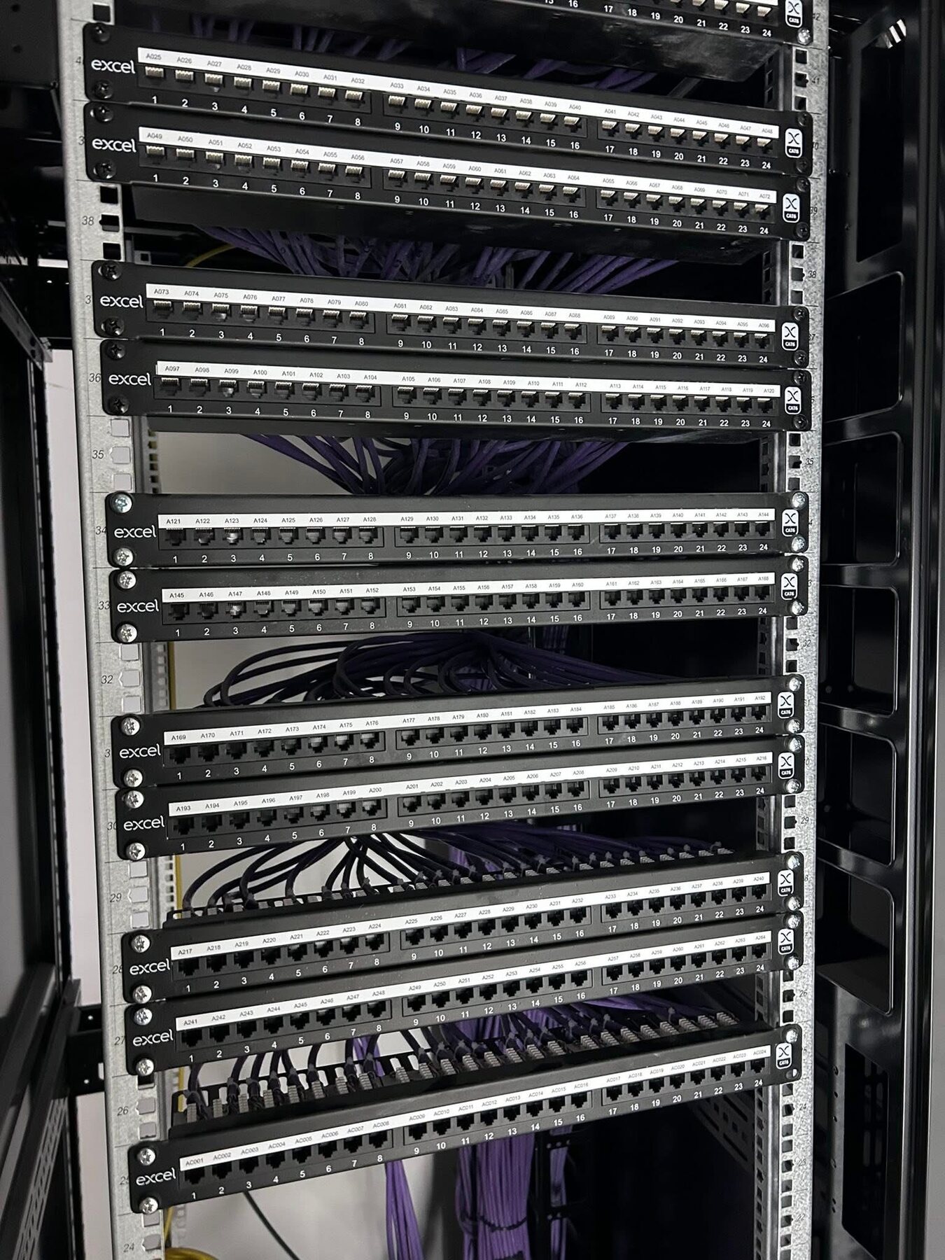 Large structured cabling installation with labelled patch panels